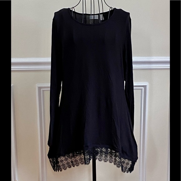 NWOT LOGO Lori Goldstein Crochet Trim Black Long Sleeve Tunic Top - Picture 2 of 5